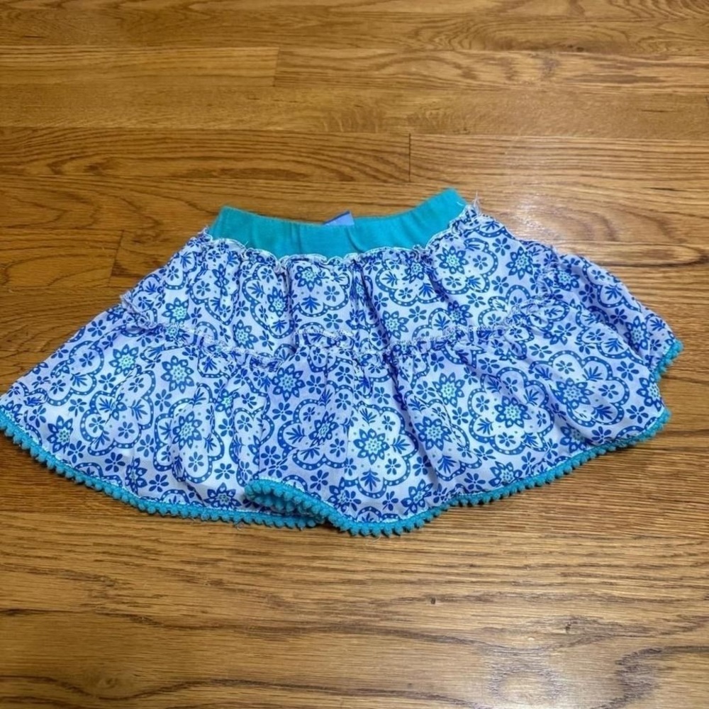 Disney Girls Blue Floral Tiered Skirt Aqua Trim Pom Pom 3T Toddler